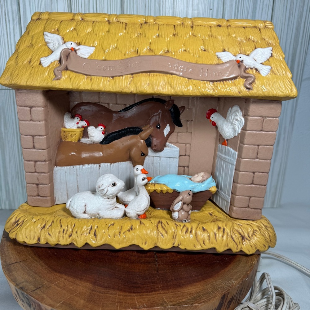 Vintage 1988 Hand Painted Ceramic Lighted Nativity Scene Stable Baby Jesus 1980s